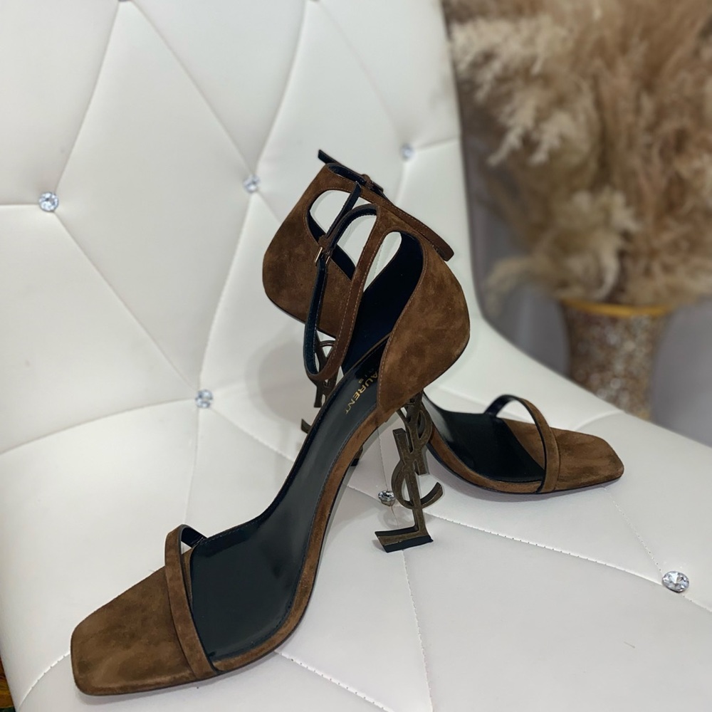 Yves Saint Laurent Brown Suede Logo-Heel Sandals